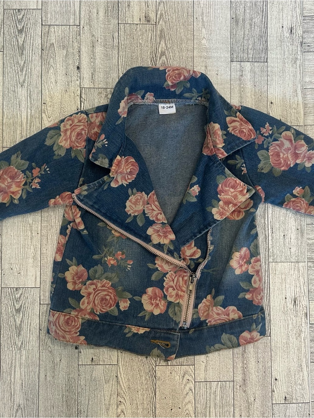 Floral Denim Moto Jacket - Blue with Pink Roses size 18-24 months